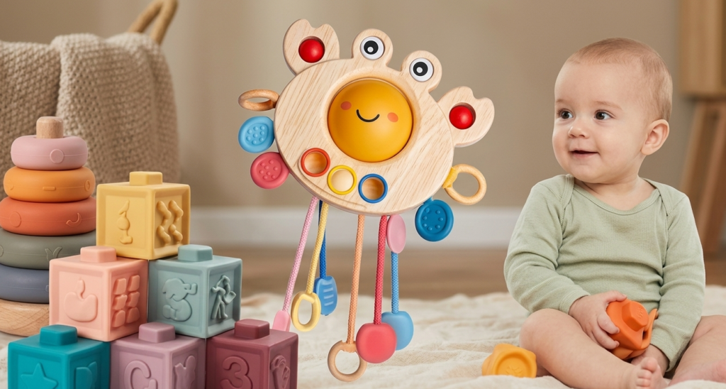 Bébé avec jouet d'éveil crabe et cubes sensoriels.