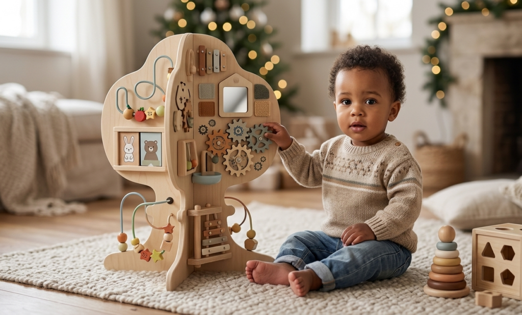 Gemini a dit Bébé jouant avec un arbre d'activités Montessori.