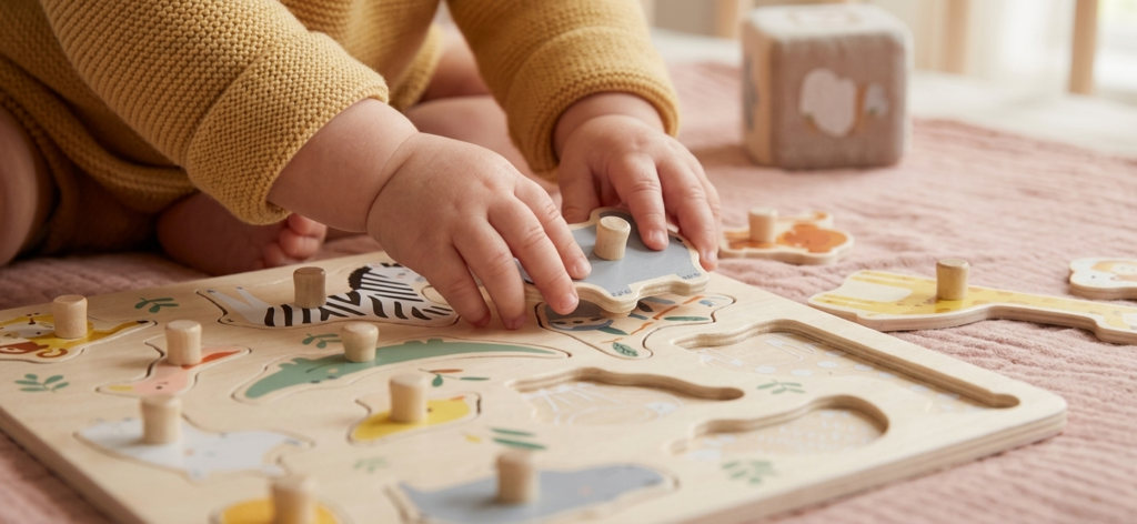 Bébé manipulant les pièces d'un puzzle en bois.