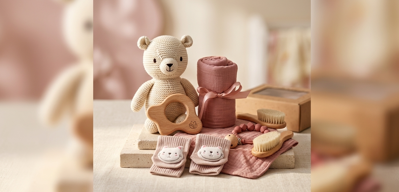 Cadeau de naissance avec ours beige.