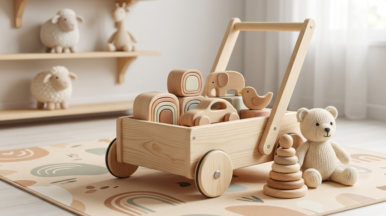Chariot de marche en bois avec jouets.