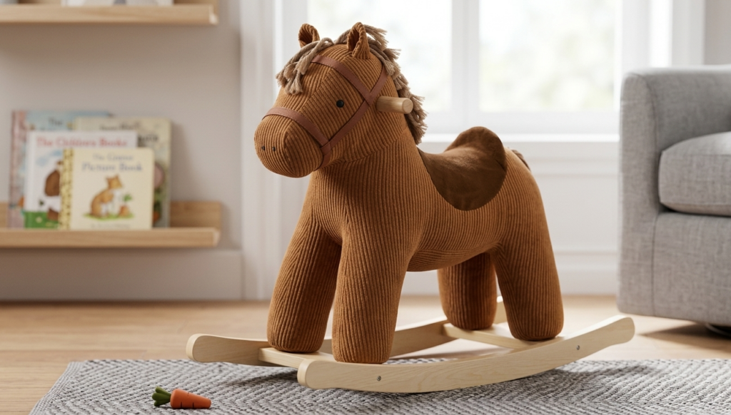 Cheval à bascule marron sur un tapis gris.