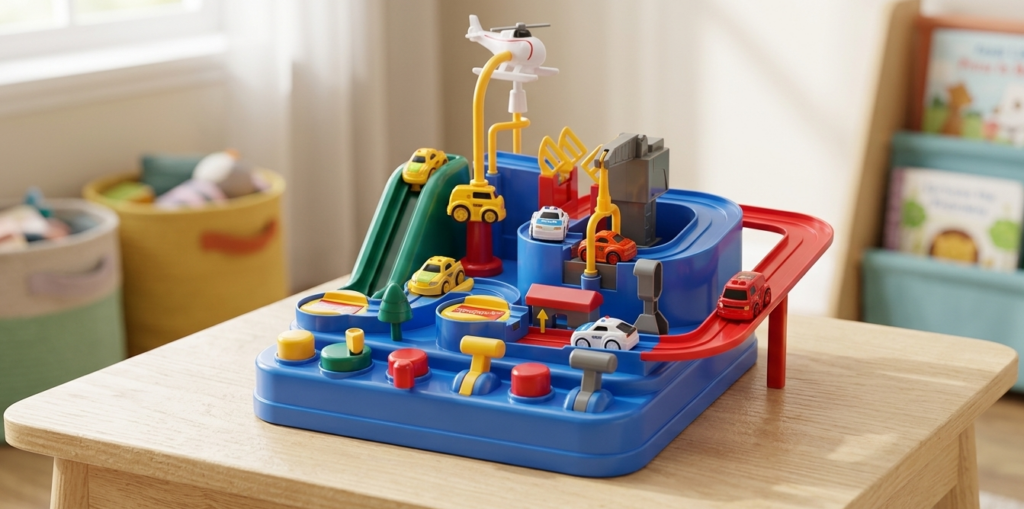 Circuit de voitures interactif avec petits véhicules.