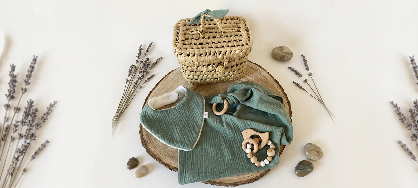 Coffret bébé accessoires naturels.