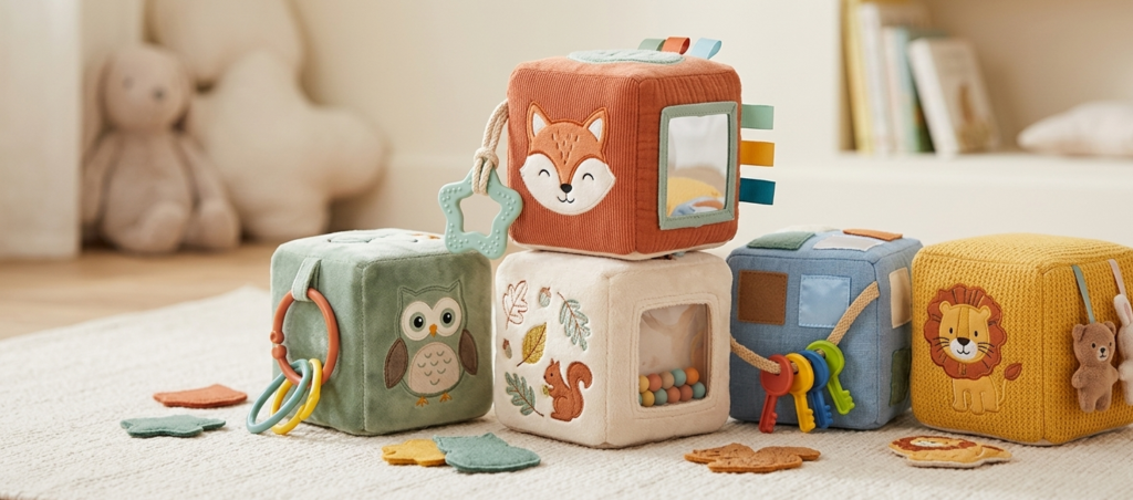 Cubes sensoriels avec animaux brodés.