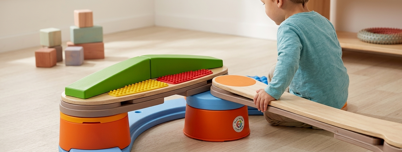 Enfant assemblant un parcours de motricité.