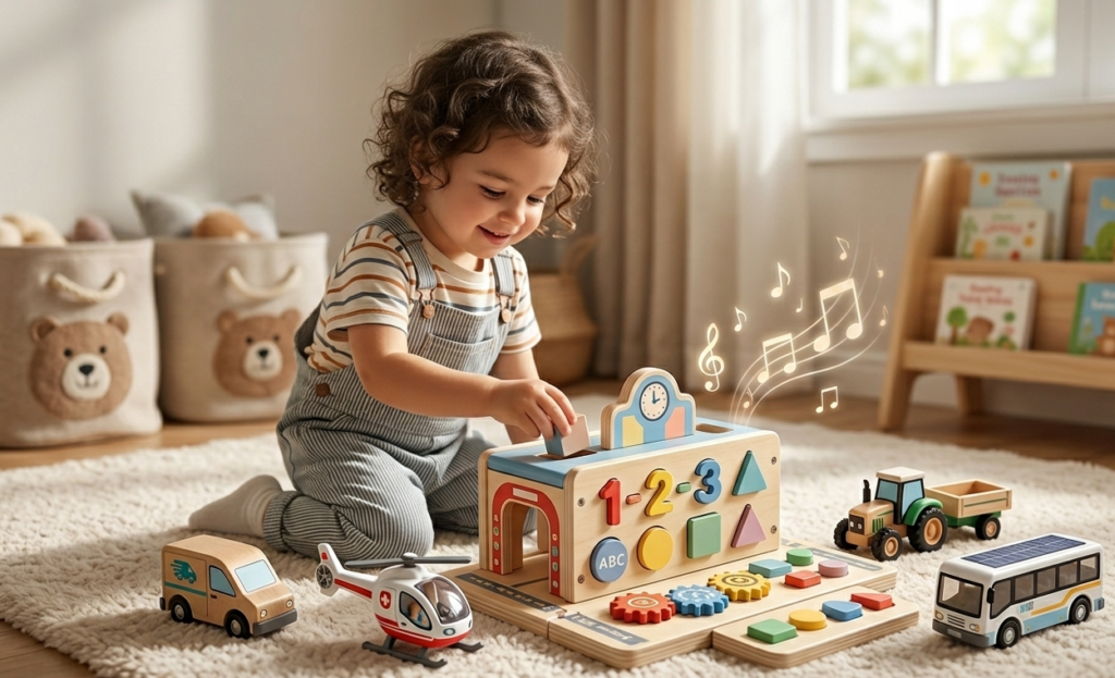 Enfant avec centre d'activités musical.