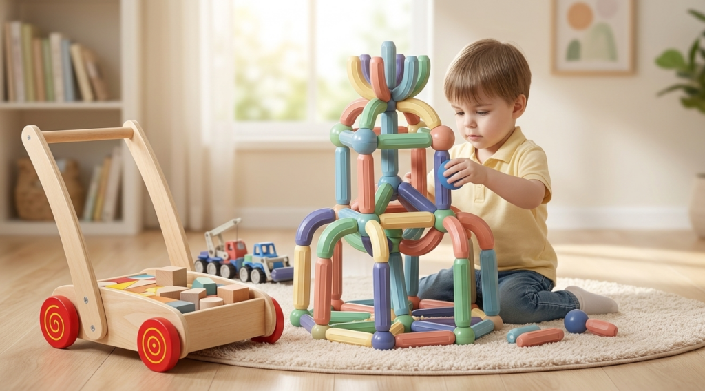 Enfant jouant avec des bâtons de construction magnétiques.