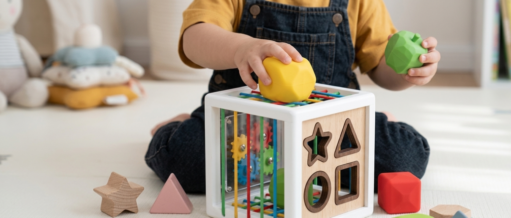 Enfant jouant avec un cube d'éveil.
