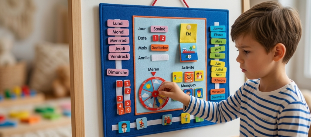 Enfant utilisant un calendrier éducatif.