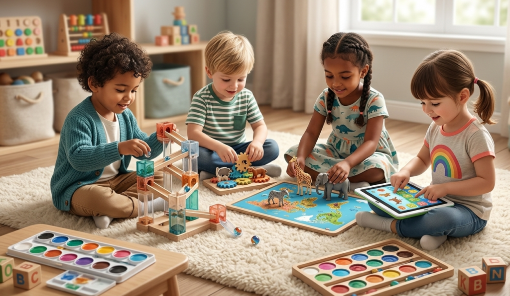 Enfants partageant diverses activités ludiques et éducatives.