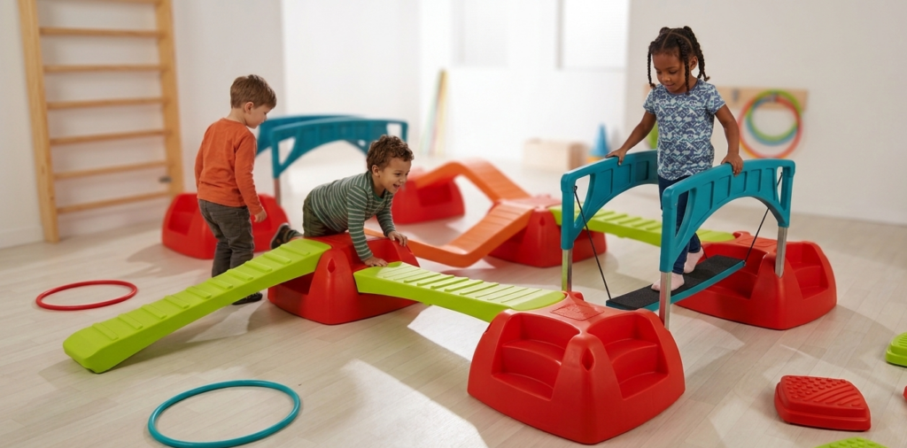 Enfants sur un parcours de motricité.