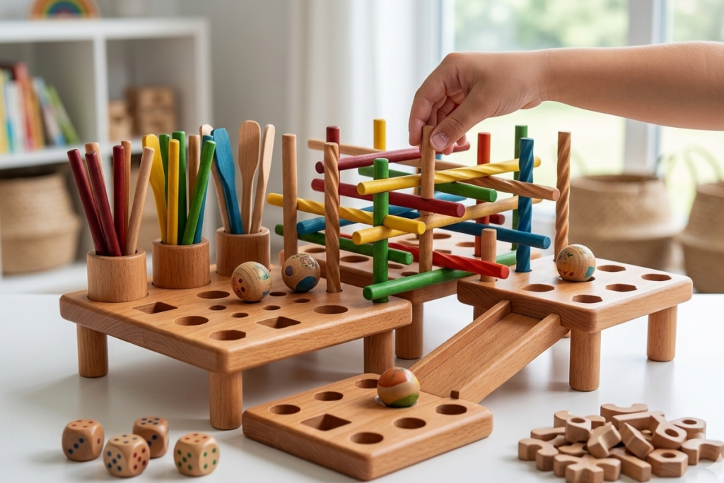 Jeu de construction Montessori en bois avec bâtonnets.