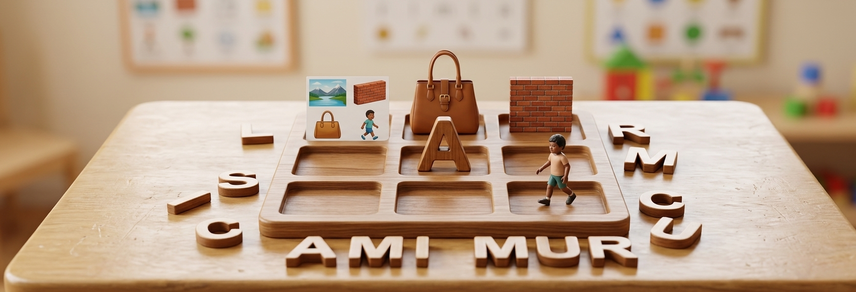 Jeu de lettres et d'images éducatif en bois.