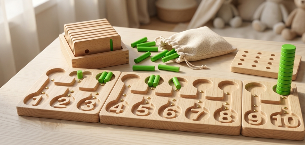 Jeu éducatif en bois pour apprendre les nombres.