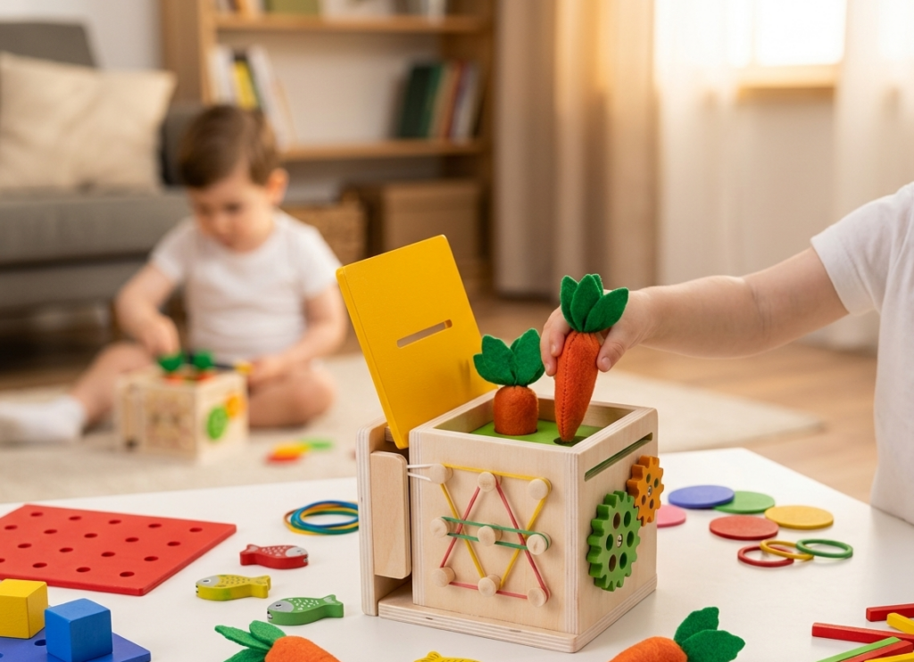 Jouet d'éveil Montessori en bois avec carottes colorées.