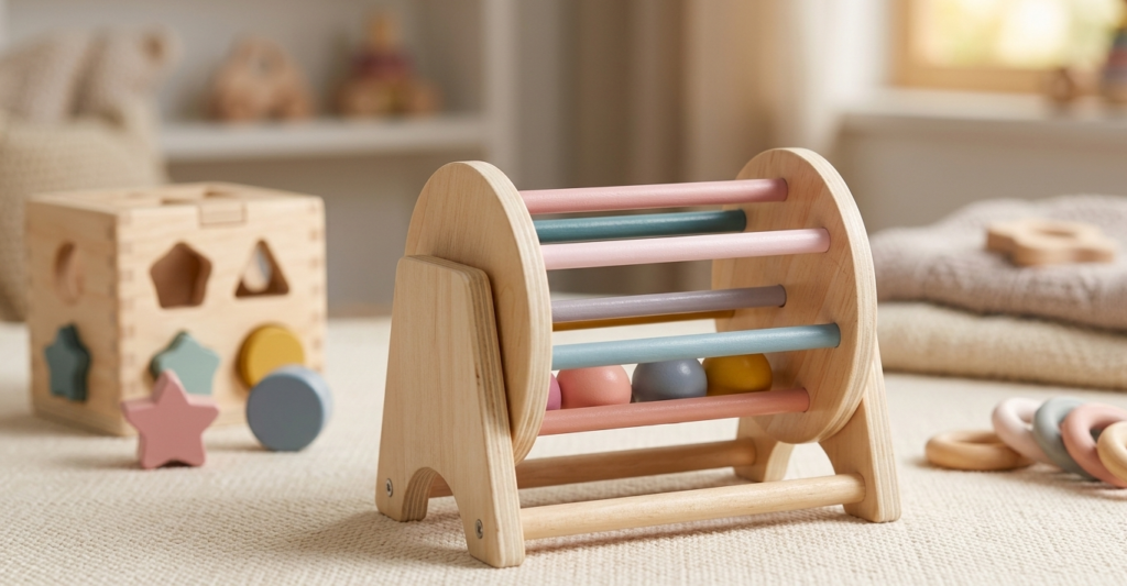 Jouet d'éveil en bois avec rouleau coloré.