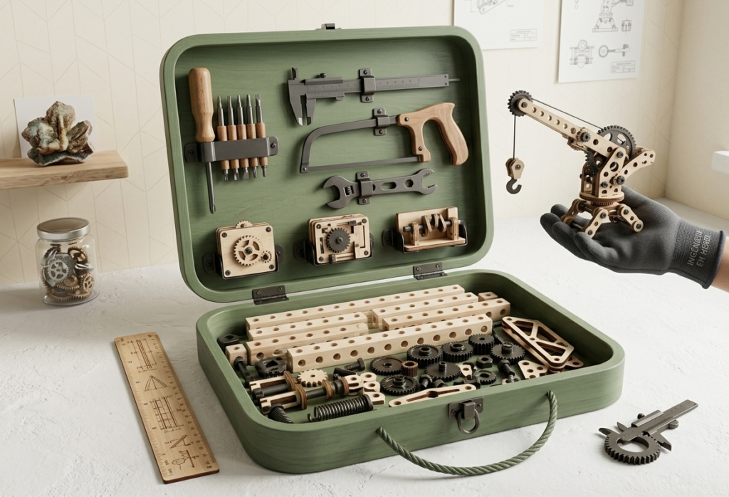 Mallette à outils pédagogique avec grue miniature articulée.