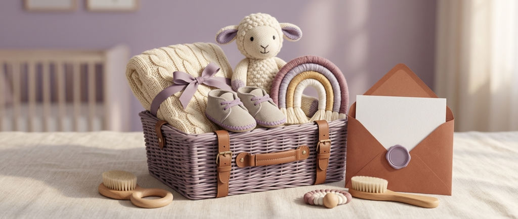 Panier cadeau de naissance avec agneau.