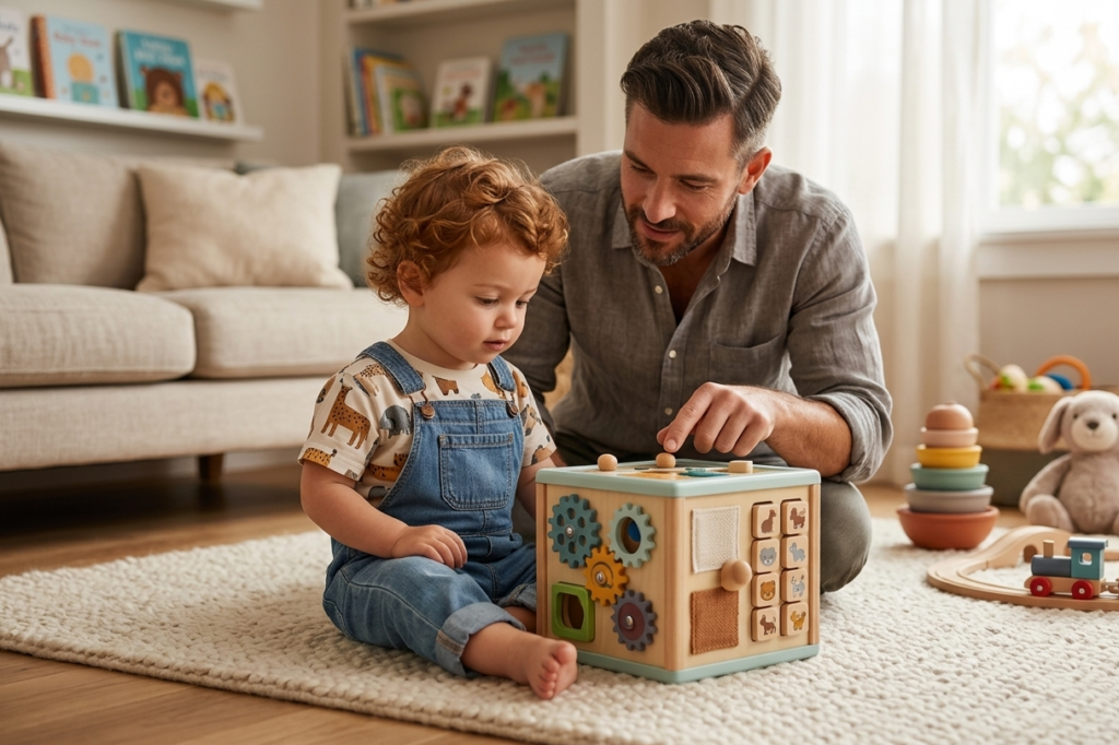 Père et enfant jouant avec cube d'éveil.