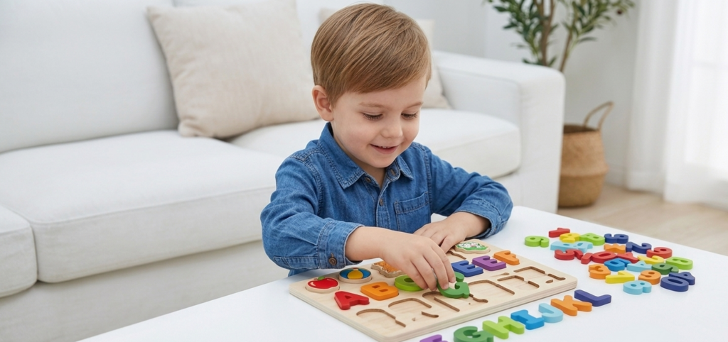 Petit garçon jouant avec un puzzle alphabet coloré.