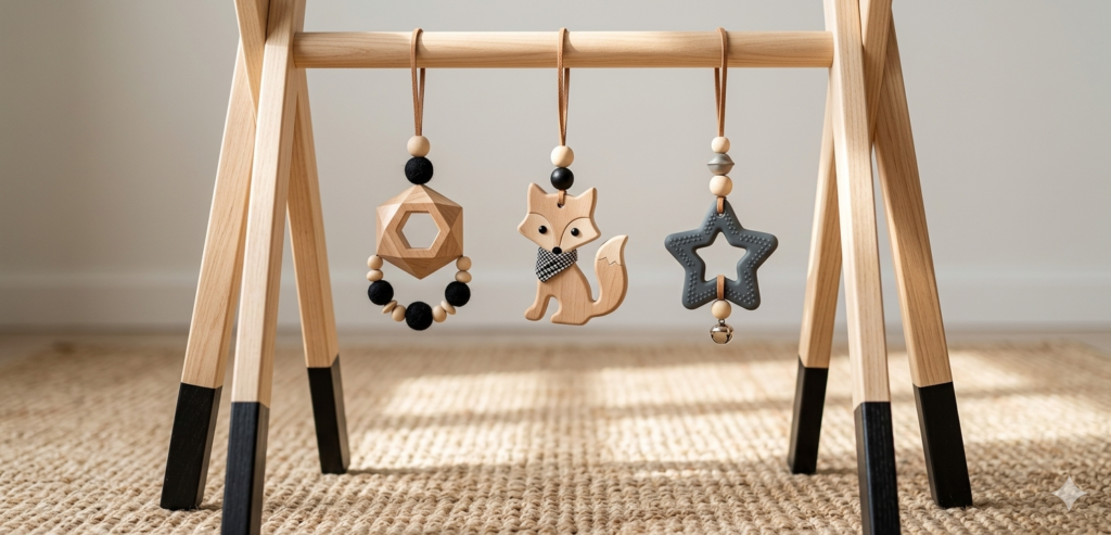 Portique d'éveil avec jouets suspendus.