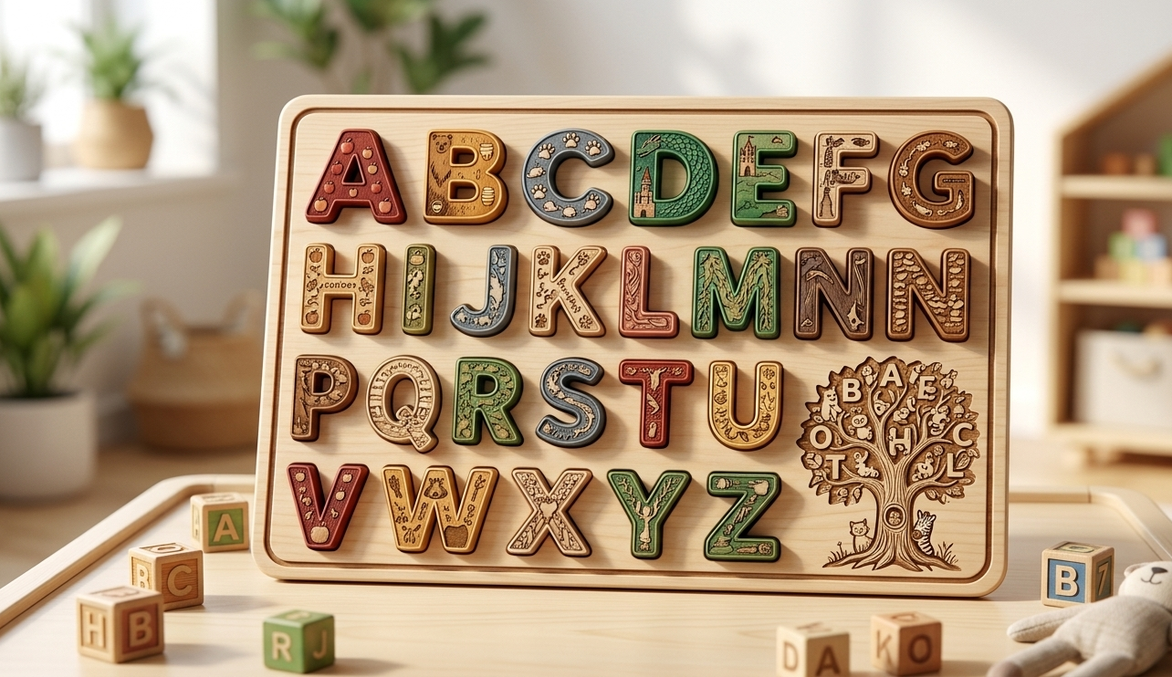 Puzzle alphabet en bois sculpté pour l'éveil.