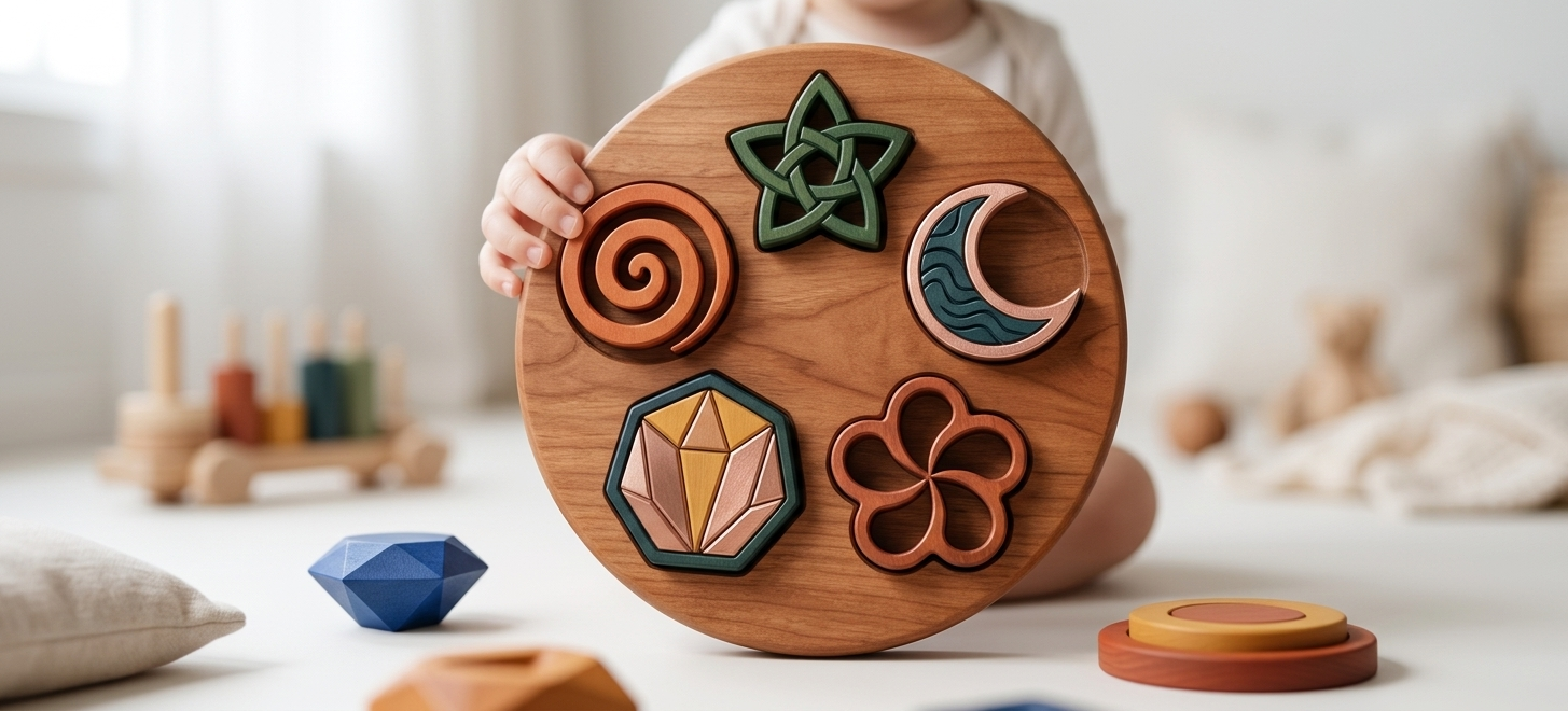 Puzzle rond bois avec formes stylisées