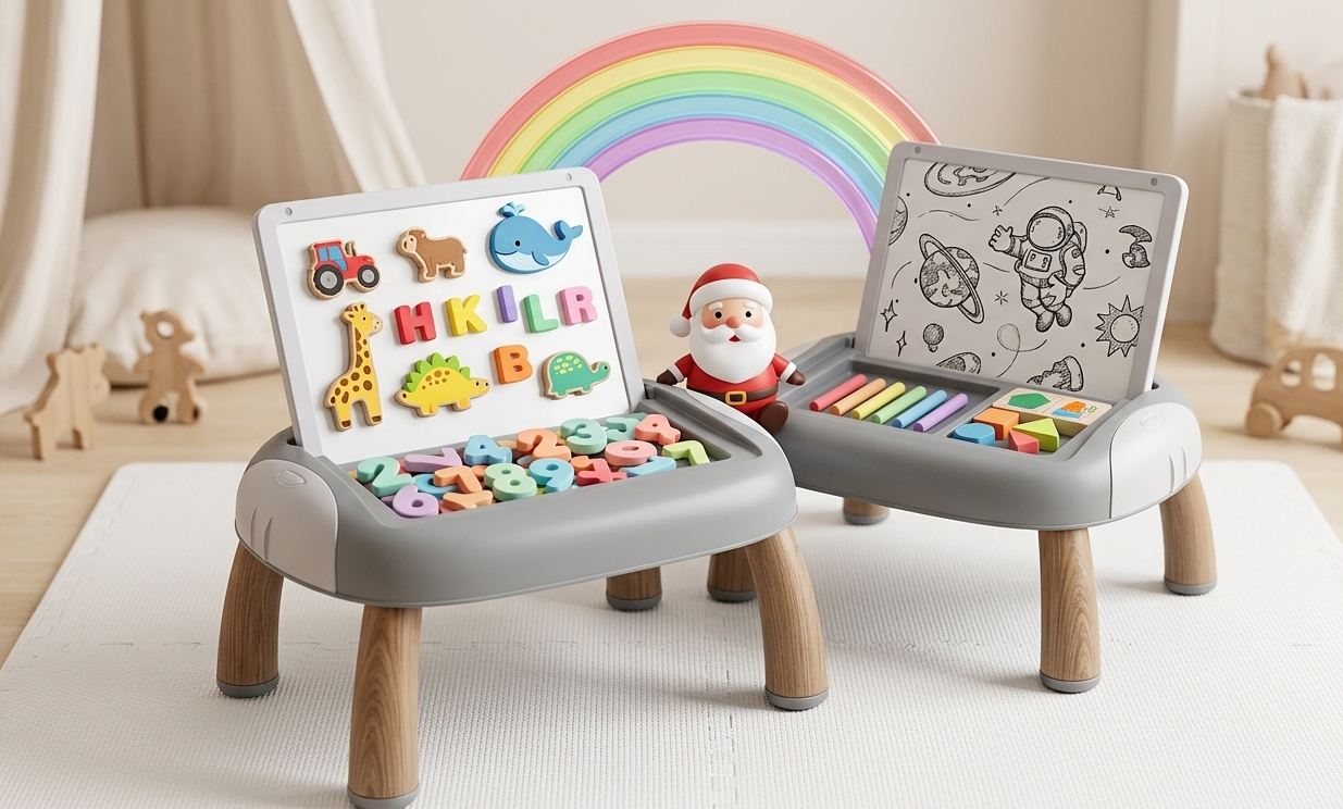 Table d'activités enfant avec lettres et dessins.