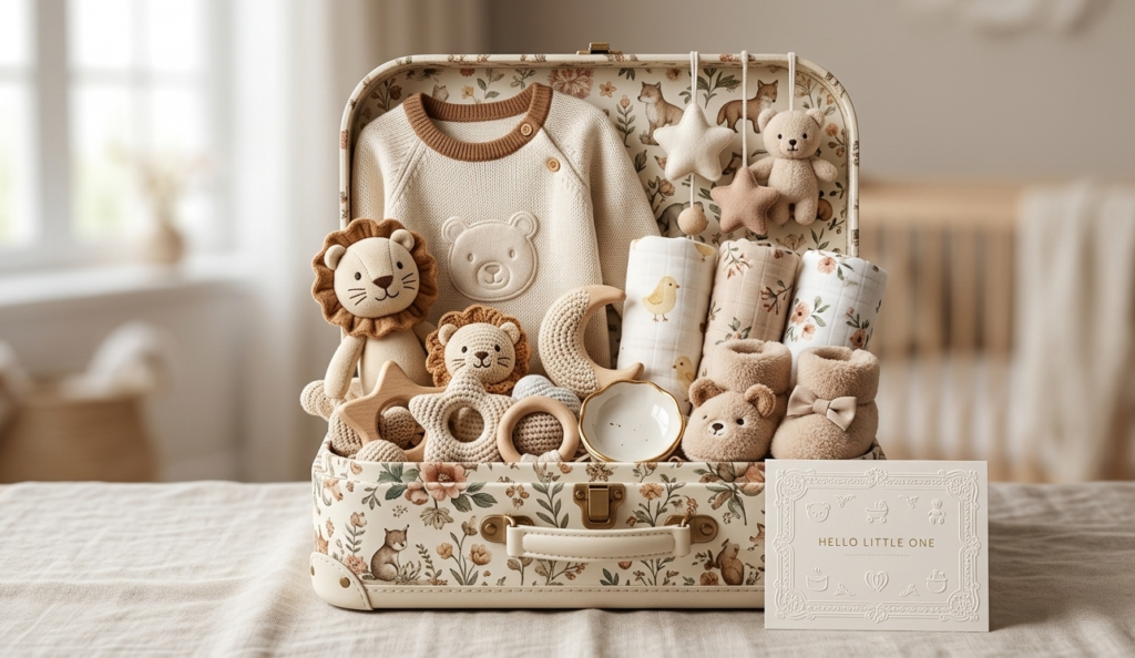 Valise naissance avec vêtements et peluches.